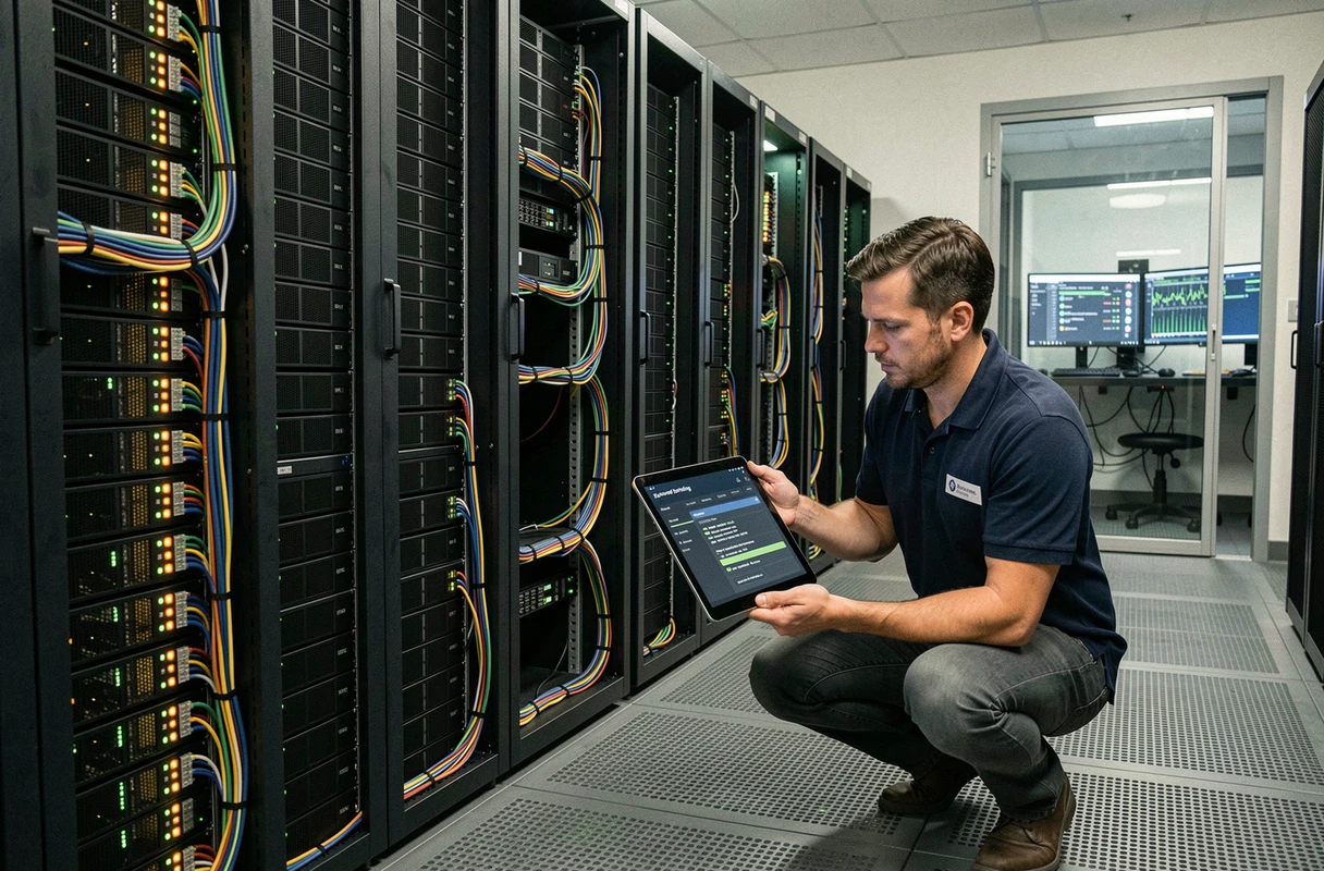 Technicien diagnostiquant un problème de réseau dans une salle de serveurs professionnelle