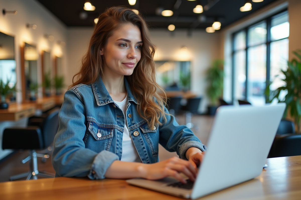Jeune femme coiffeuse travaillant sur son ordinateur