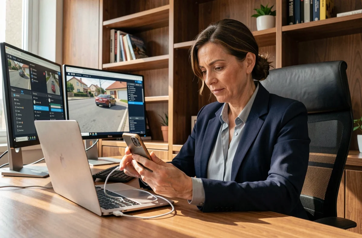 Femme en télétravail sécurisant ses données mobiles en connectant son smartphone à un ordinateur portable dans un bureau à domicile