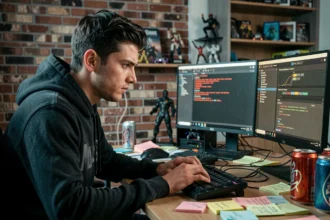 Jeune homme concentré devant des écrans affichant des erreurs de configuration de serveur FiveM