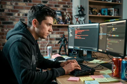 Jeune homme concentré devant des écrans affichant des erreurs de configuration de serveur FiveM