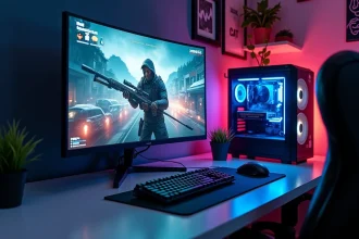Setup gaming avec carte graphique haute performance et écran 144 Hz en résolution 1080p sur un bureau blanc moderne