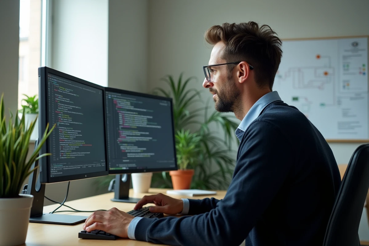 Informatique analysant du code sur deux écrans dans un bureau