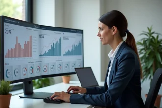 Professionnelle en marketing digital analysant une stratégie de contenu SEO sur un tableau de bord analytique en 2026