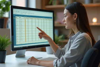 Femme utilisant Excel pour supprimer des doublons dans un tableau de données sur un grand écran de bureau