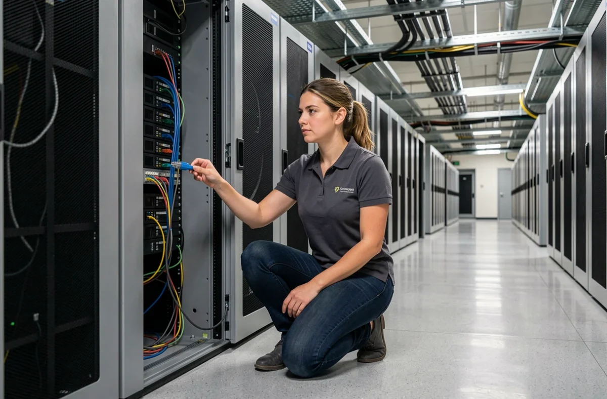 Technicienne de TechInformatique intervenant sur un rack de serveurs dans un couloir de centre de données