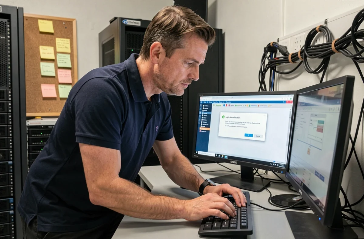 Technicien informatique diagnostiquant un problème d'identifiant refusé sur un intranet municipal