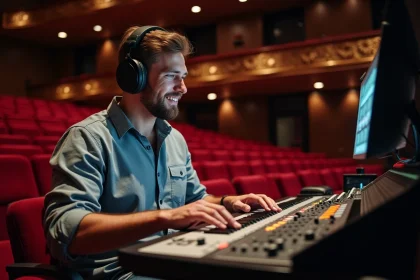 Homme en studio de son avec console et casque pour article