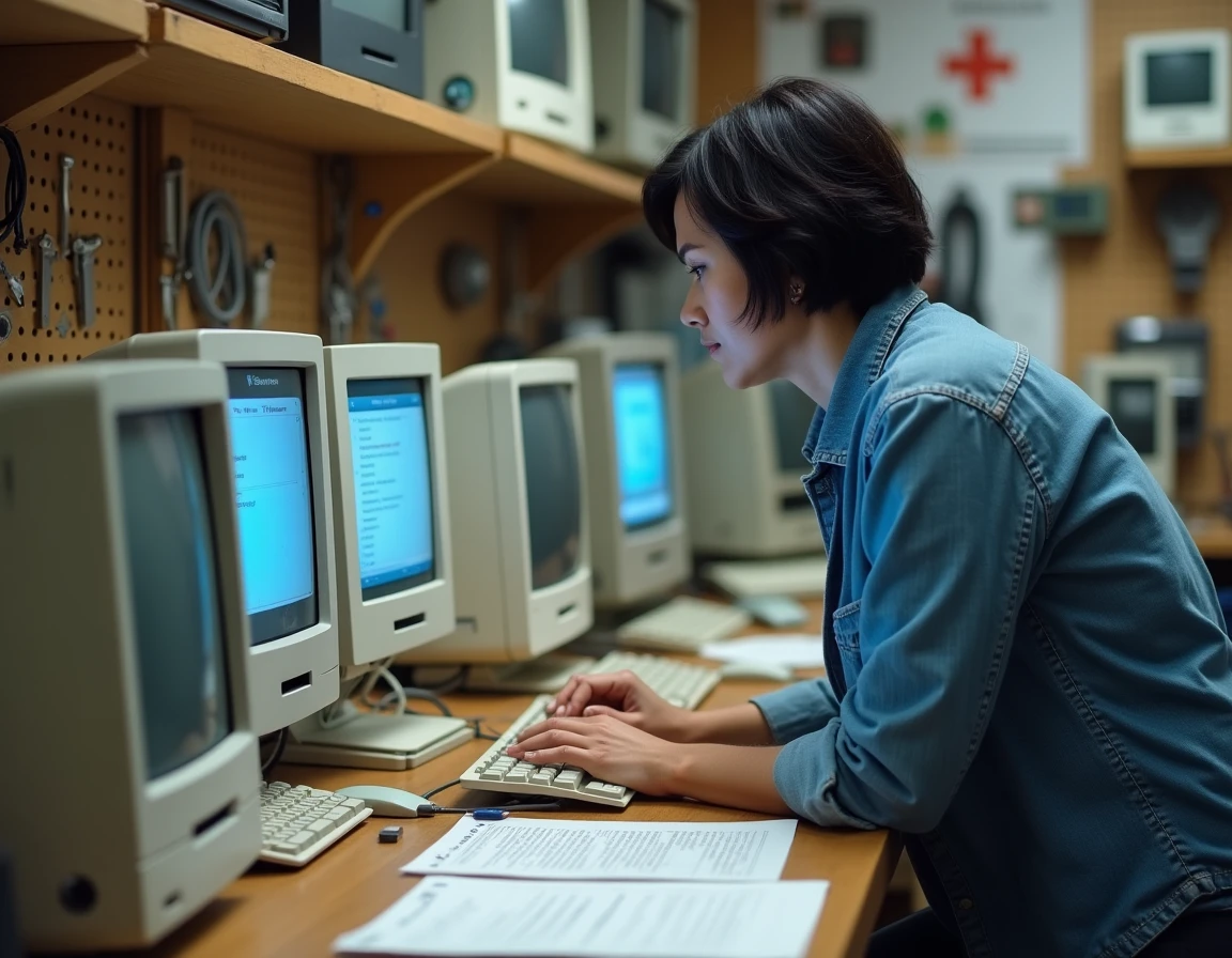 Technicienne récupérant des fichiers ISO de macOS sur plusieurs anciens ordinateurs Mac dans un atelier de réparation