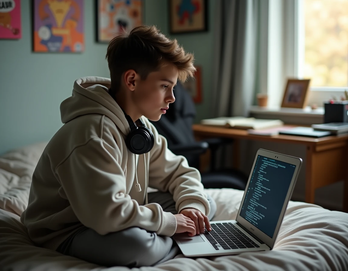Adolescent téléchargeant une version introuvable de macOS via le terminal sur un vieux MacBook blanc dans sa chambre