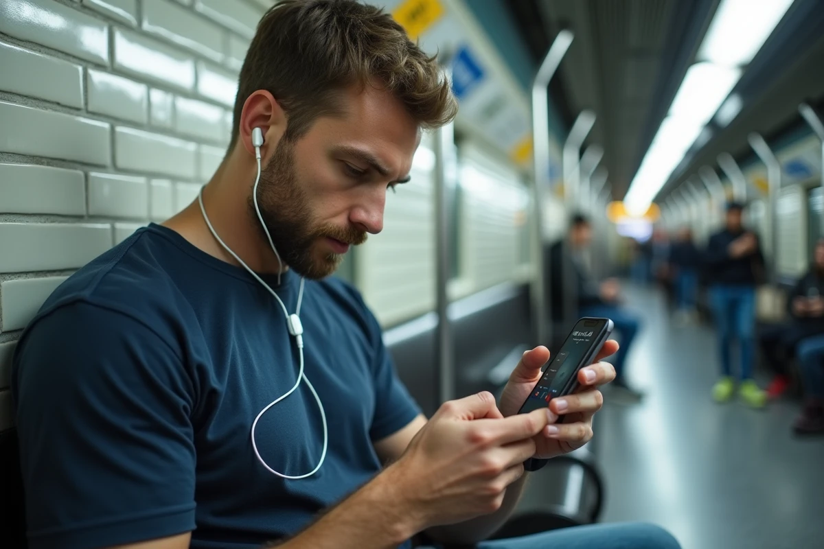 Homme téléchargeant de la musique MP3 depuis YouTube sur son smartphone dans le métro