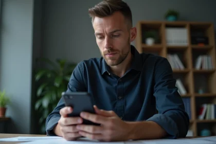 Homme tenant un smartphone chiffré avec attention dans un bureau minimaliste, illustrant les risques de sécurité des téléphones PGP