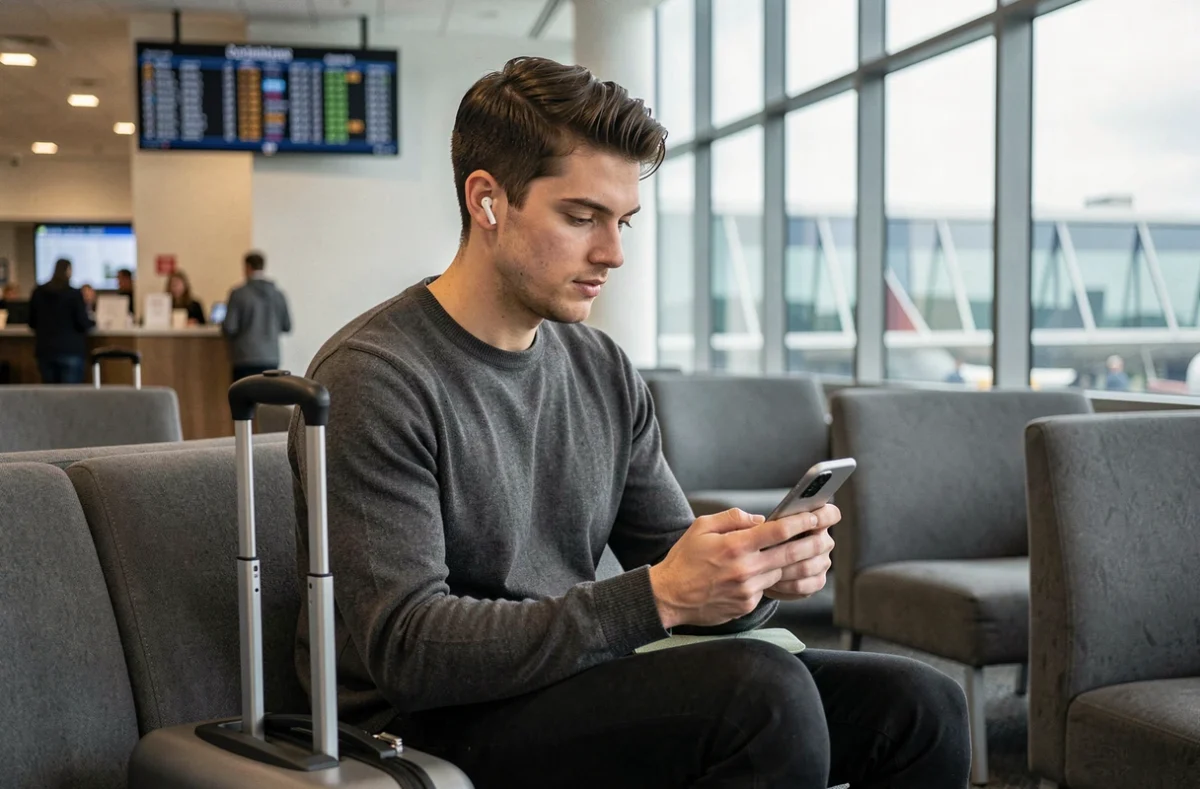 Jeune professionnel en télétravail mobile utilisant un Samsung Galaxy S23 lors d'un appel vidéo dans un salon d'aéroport