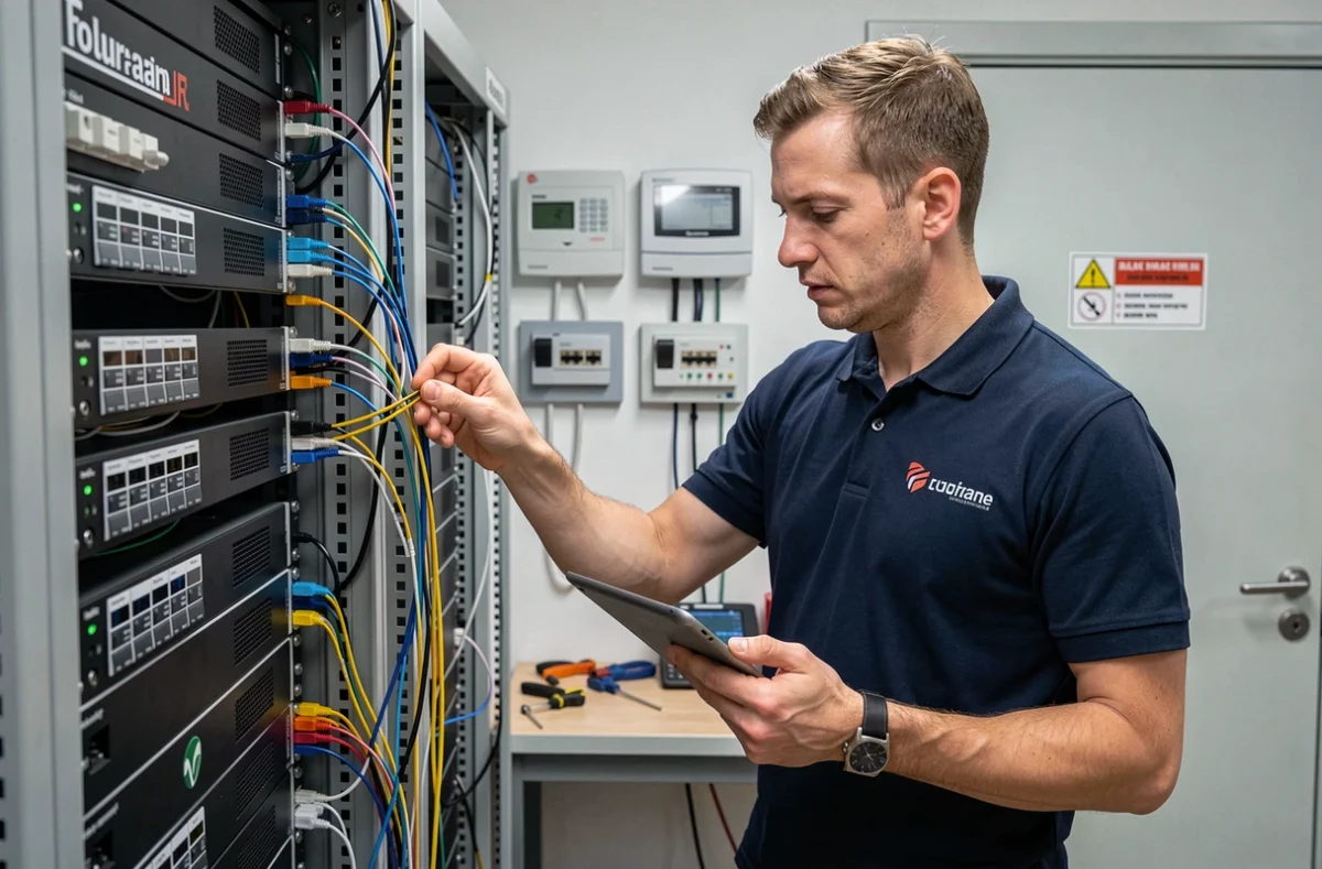 Technicien de TIS Tel Info Services installant des équipements téléphoniques et informatiques dans une salle serveur en Touraine