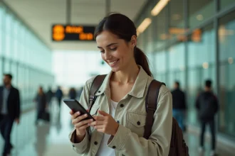 Touriste activant une eSIM Maroc Telecom à l'aéroport de Marrakech à son arrivée
