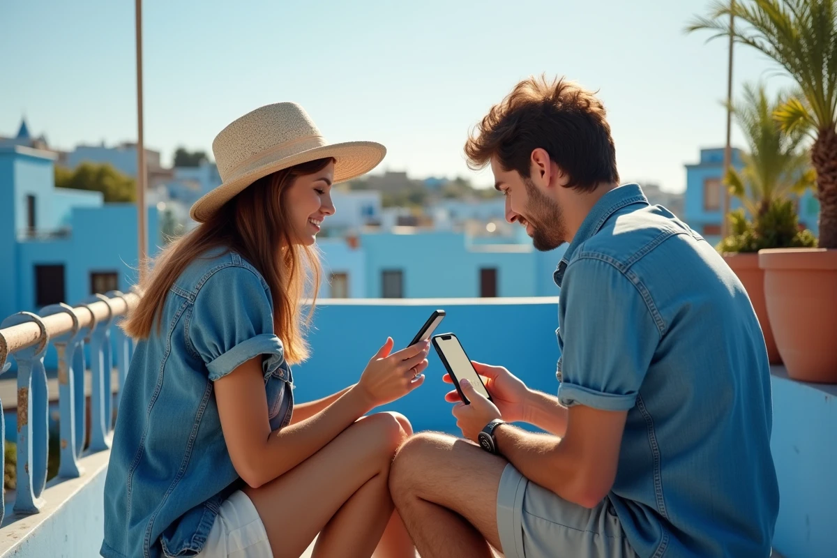 Deux touristes activant leur eSIM Maroc Telecom sur une terrasse à Chefchaouen