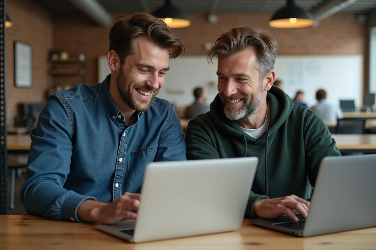 Deux indépendants collaborant sur des outils bureautiques gratuits en ligne dans un espace de coworking
