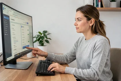 Femme utilisant une interface de transfert de fichiers en ligne sur un ordinateur de bureau dans un home office moderne et épuré
