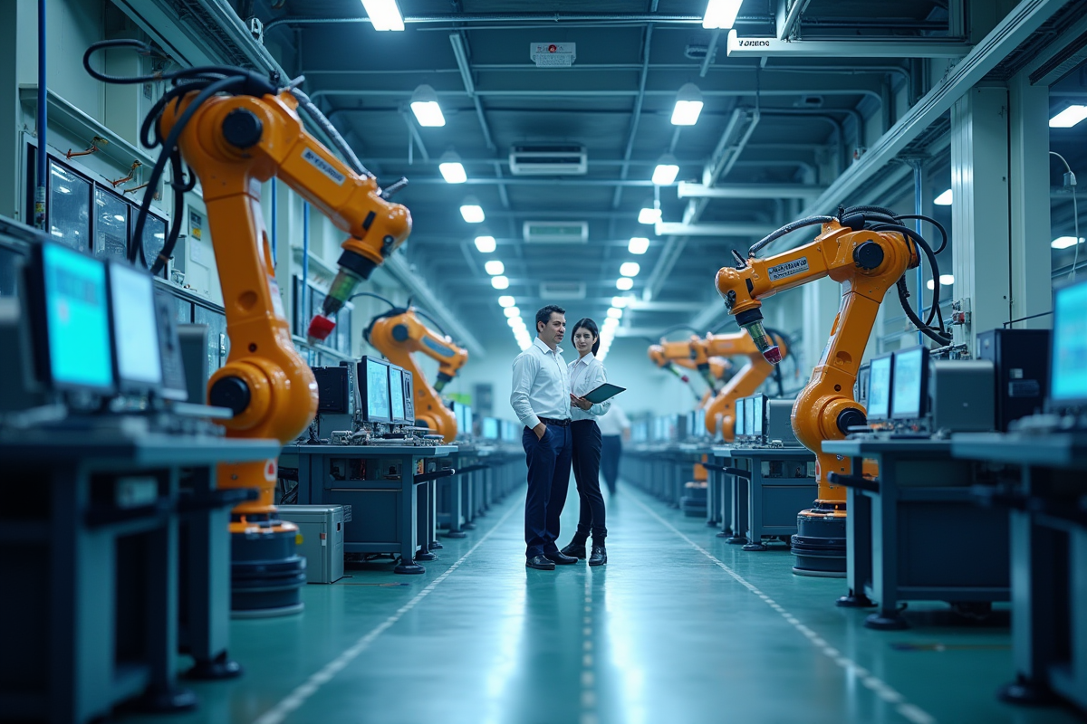 Usine automatisée avec robots et techniciens en action