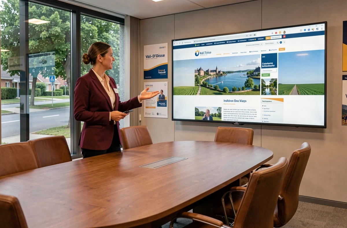 Responsable communication de Val d'Oise Communication présentant un site web régional lors d'une réunion client dans une salle de conférence