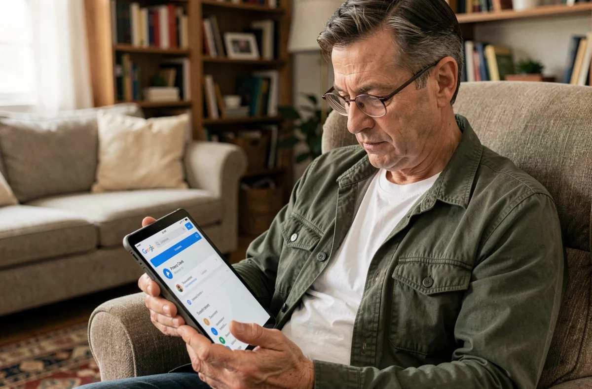 Homme d'âge mûr vérifiant la confidentialité de son compte Google sur une tablette dans son salon