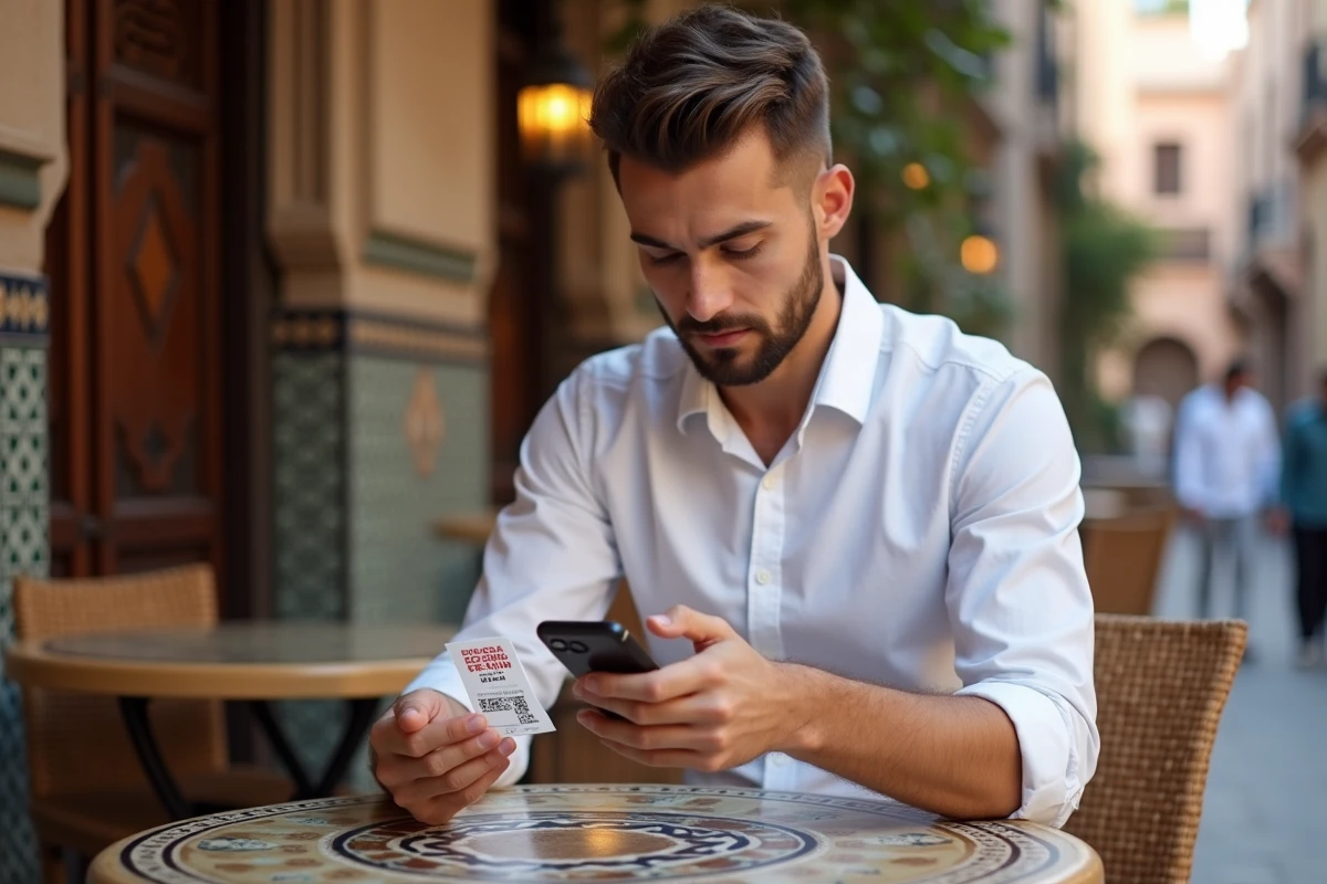 Voyageur configurant son eSIM dans un café traditionnel de la médina de Fès au Maroc