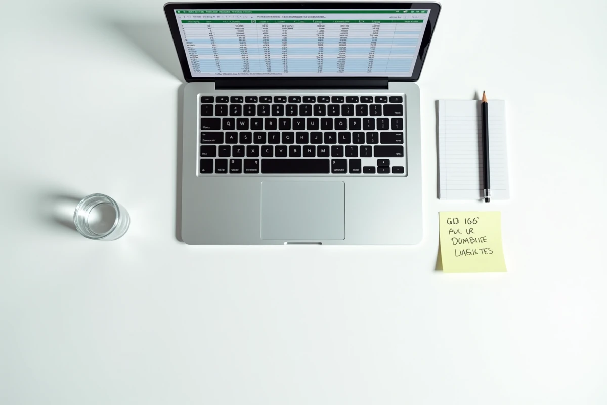 Vue aérienne d'un écran Excel affichant des doublons dans un tableau avec des lignes surlignées sur un bureau blanc