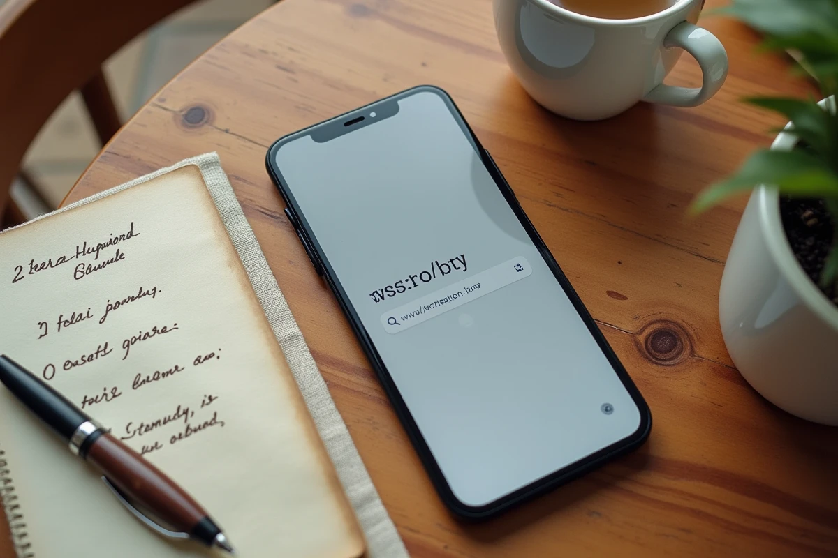 Vue aérienne d'un bureau avec smartphone affichant un site miroir, carnet de notes avec noms de domaines et tasse à café