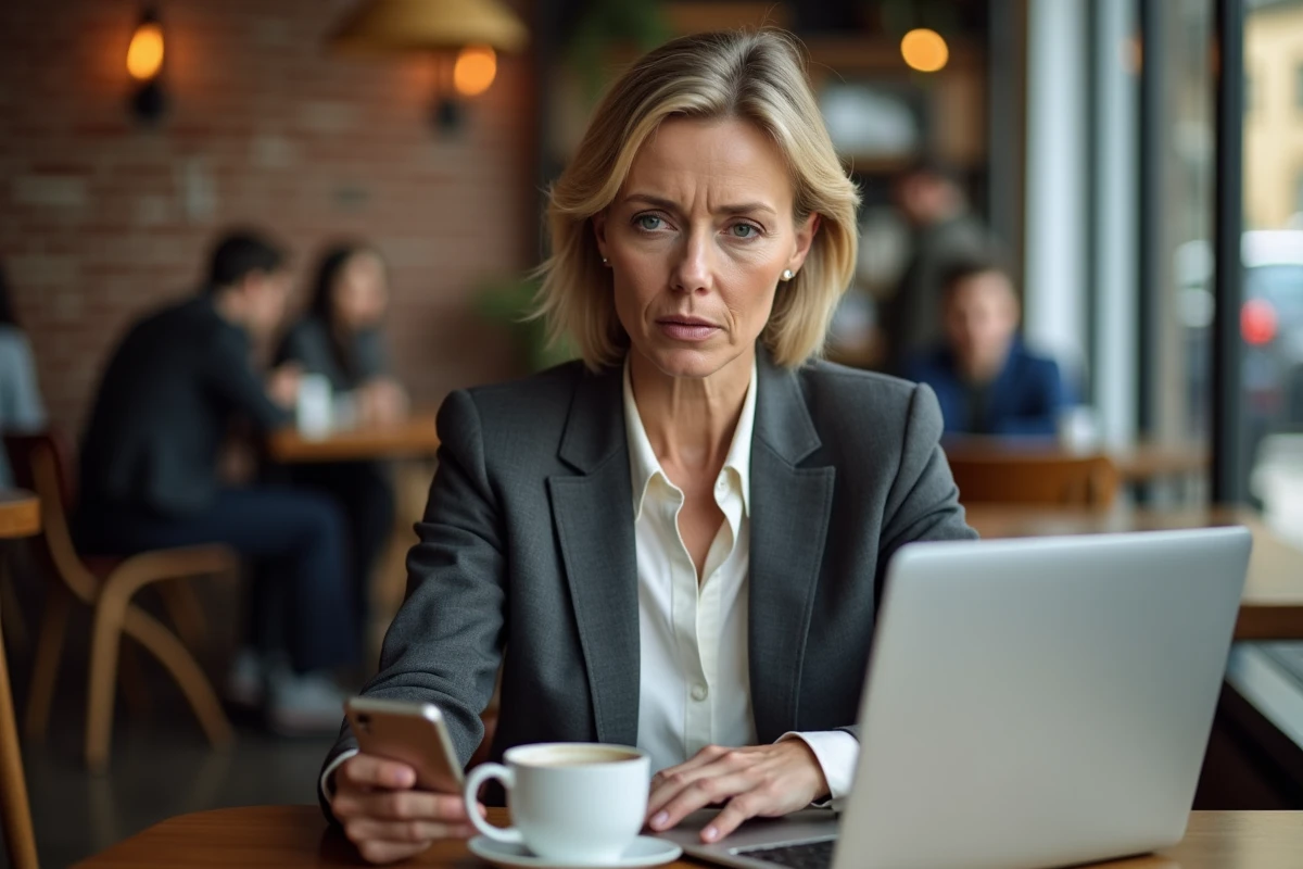 Femme consultant un téléphone sécurisé dans un café public, soulignant les vulnérabilités potentielles des communications PGP chiffrées