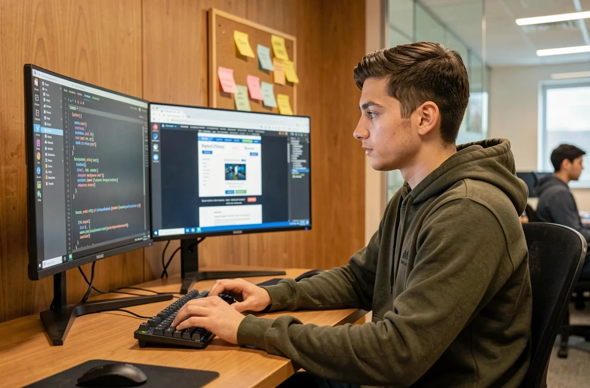 Développeur front-end de Webntricks codant un site web sur un double écran dans un bureau informatique moderne