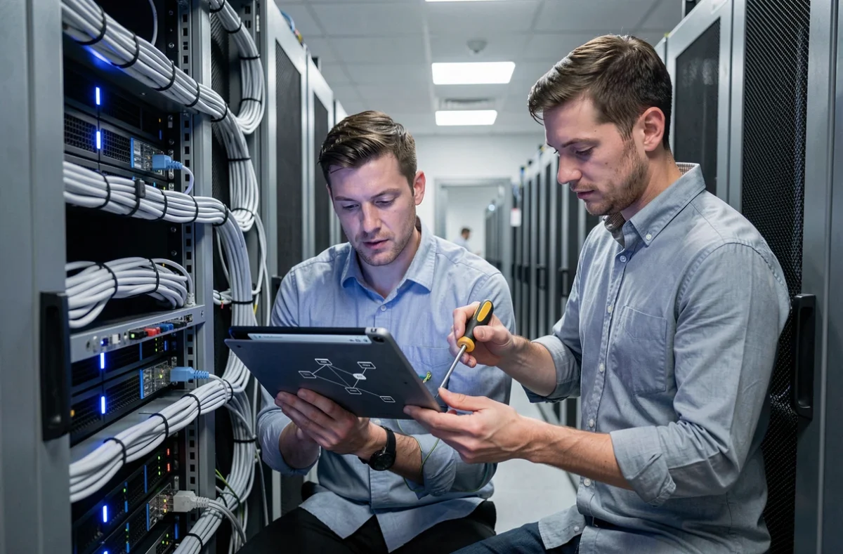 Ingénieurs de ZFX AllTech travaillant sur une infrastructure serveur et des solutions technologiques dans une salle informatique professionnelle